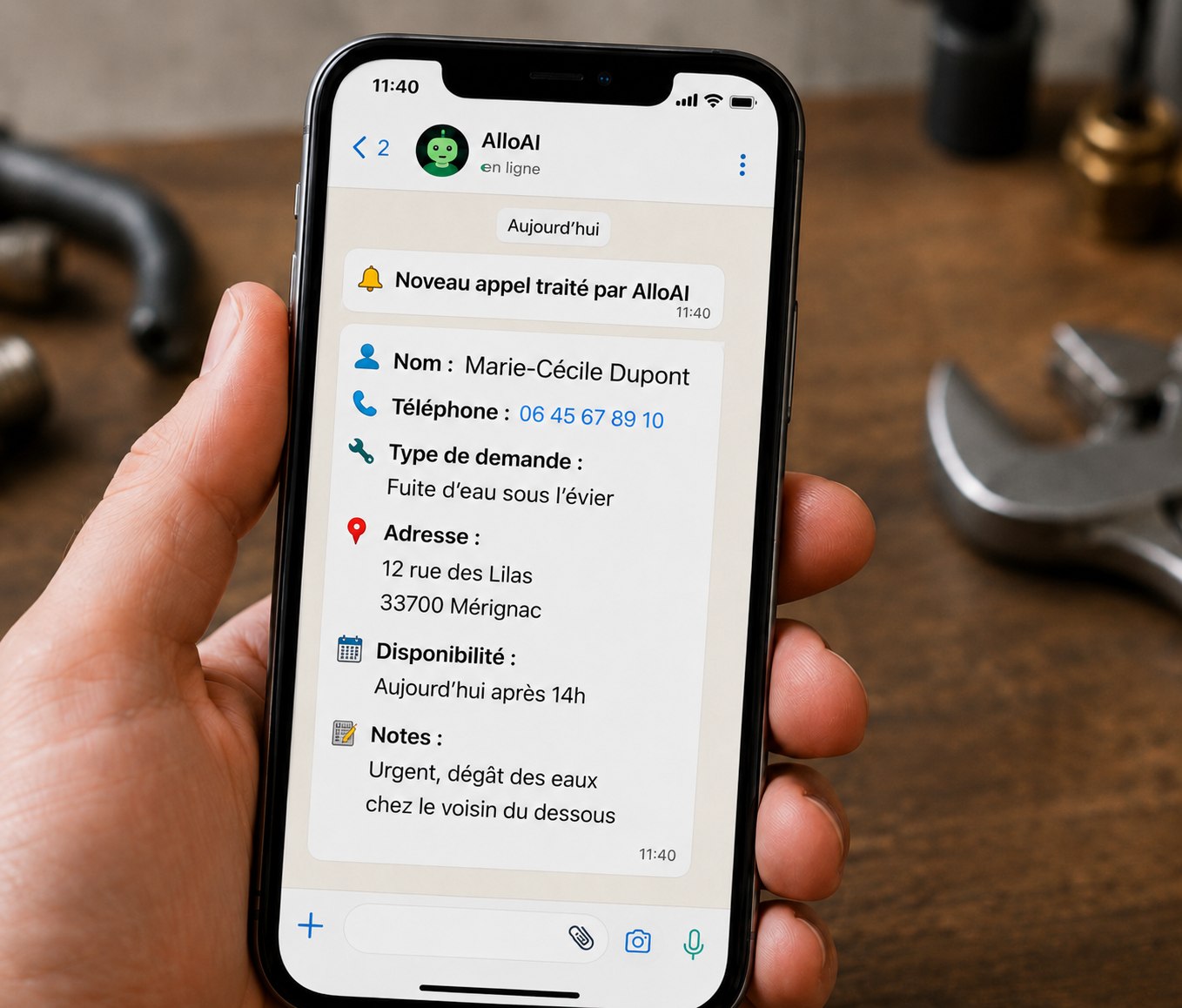 Résumé WhatsApp AlloAI : demande client reçue après un appel manqué
